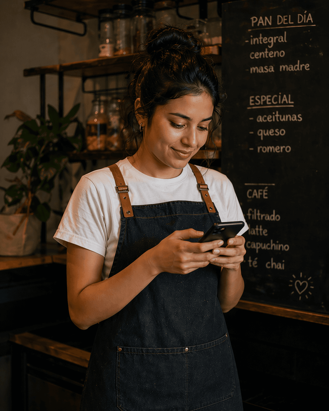 Dueña joven de panadería atendiendo pedidos por WhatsApp