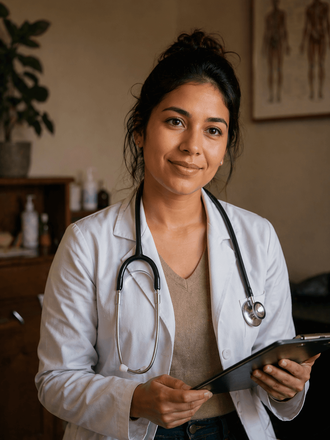 Doctora joven frente a su consultorio