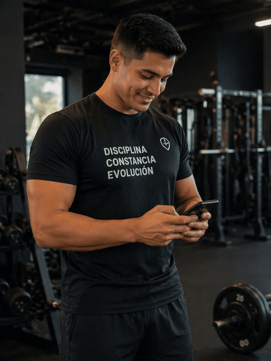 Entrenador joven en su gimnasio, seguro y sin pose corporativa