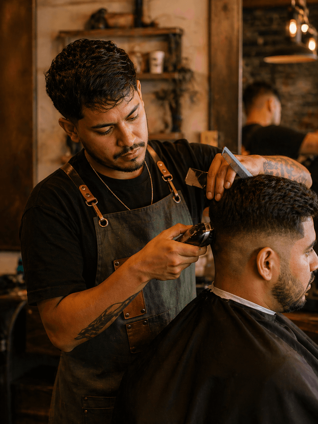 Barbero trabajando en un corte, atendiendo su negocio en movimiento